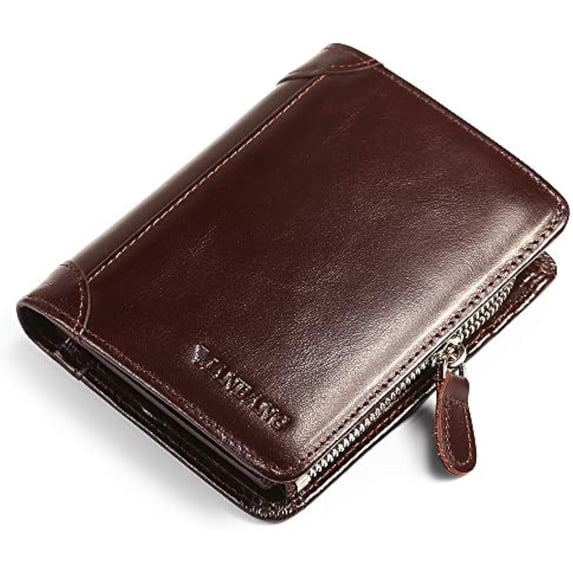 MANBANG Men's Wallet Zipper Genuine Leather RFID Blocking Bifold Card Holder with Coin Pocket