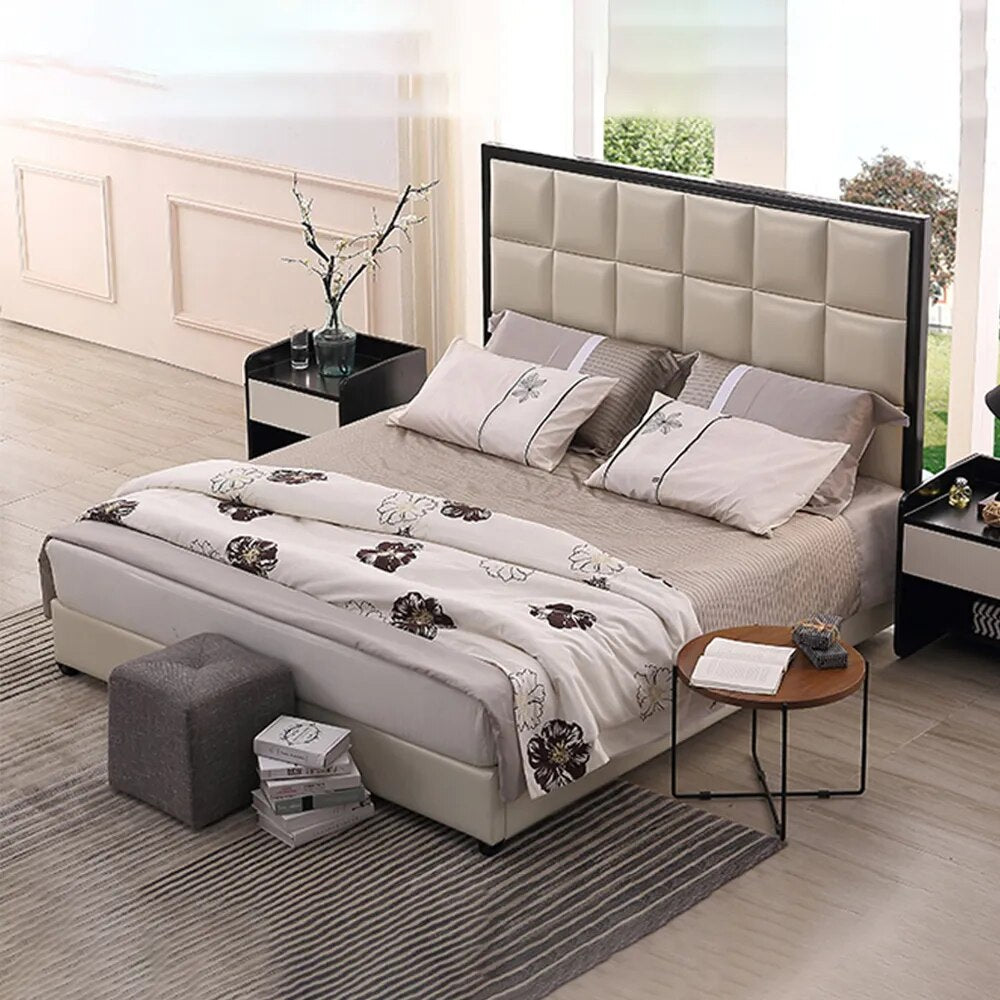 MANBAS America Genuine Leather Bed 2 People Soft Beds Frames Queen