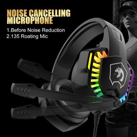 MANBASNAKE Gaming Headset, Noise Cancelling Over Ear Headphones with Adjustable Mic, Breathing RGB Light,Bass Surround,Soft Memory Earmuffs for Laptop Mac Games(Black)