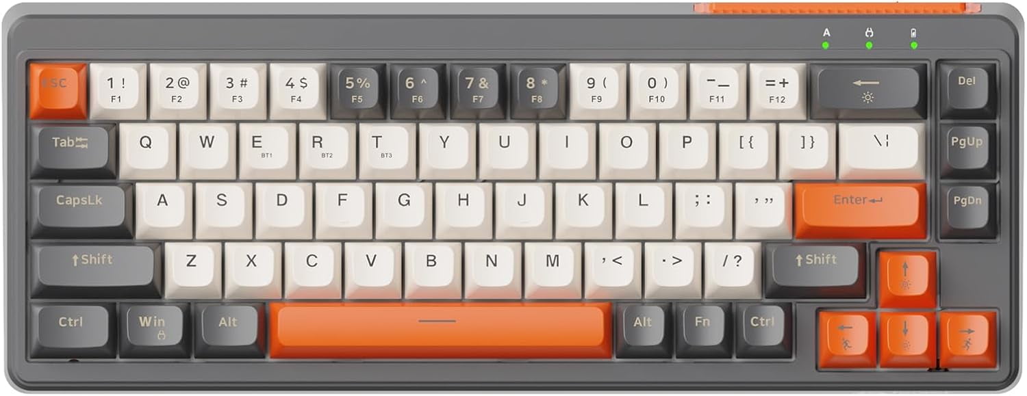MANBASNAKE M68 65% Wireless Gaming Keyboard, QWERTY Layout, BT/2.4G/Wired Silent Membrane Keyboard, Rainbow Backlit 67 Keys PBT Keycaps, 2000mAh Portable for Gamer/Office - Grey