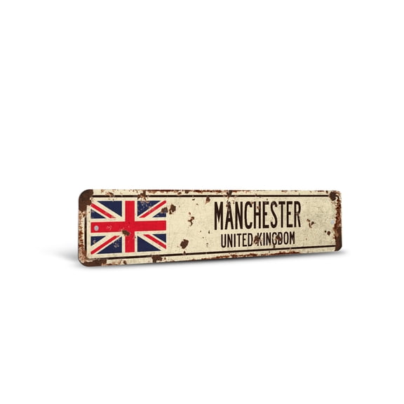 MANCHESTER UNITED KINGDOM Vintage Style Rustic Street Sign – British Britons Brits Flag City Gift Retro Decorative Wall Sign for Home, Bar, Garage, or Outdoor Use | 6" X 24" Plastic