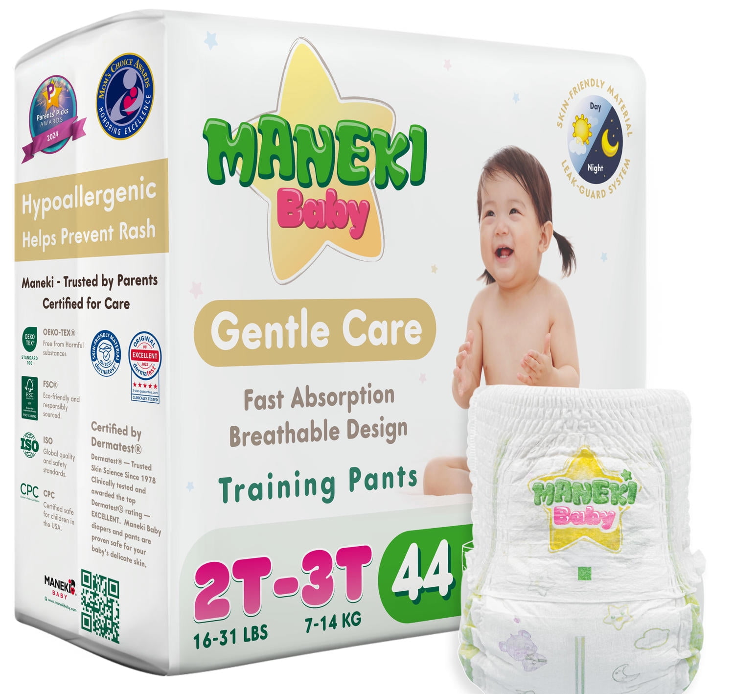 MANEKI Baby Disposable Pull Ups 2T-3T Diaper Pants Size 4 (20-31 lbs) 44 Count, Up to 12-Hour Nighttime Pull Ups Protection, Leak-Proof Training Pants, Super Absorbent, Hypoallergenic