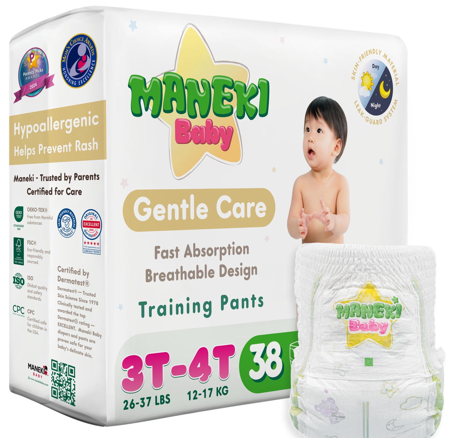 MANEKI Baby Disposable Pull Ups 3T-4T Diaper Pants Size 5 (26-37 lbs) 38 Count, Up to 12-Hour Nighttime Pull Ups Protection, Leak-Proof Training Pants, Super Absorbent, Hypoallergenic