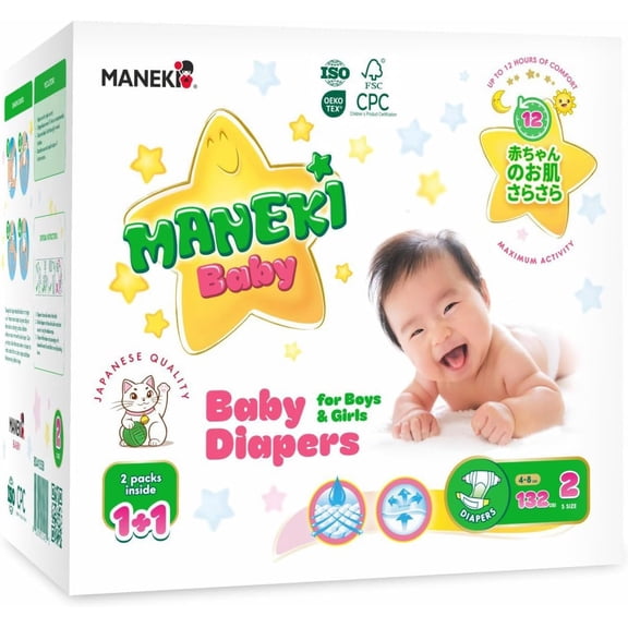 MANEKI Baby Disposable Baby Diapers Size 2 (9-18 lbs) 132 Count, Up to 12-Hour of Comfort, Leak Protection, Super Absorbent, Hypoallergenic (Select for More)