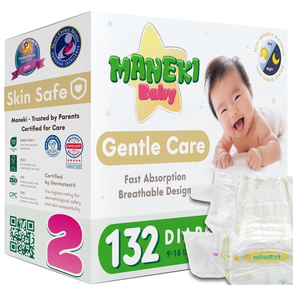 MANEKI Baby Disposable Baby Diapers Size 2 (9-18 lbs) 132 Count, Up to 12-Hour of Comfort, Leak Protection, Super Absorbent, Hypoallergenic (Select for More)