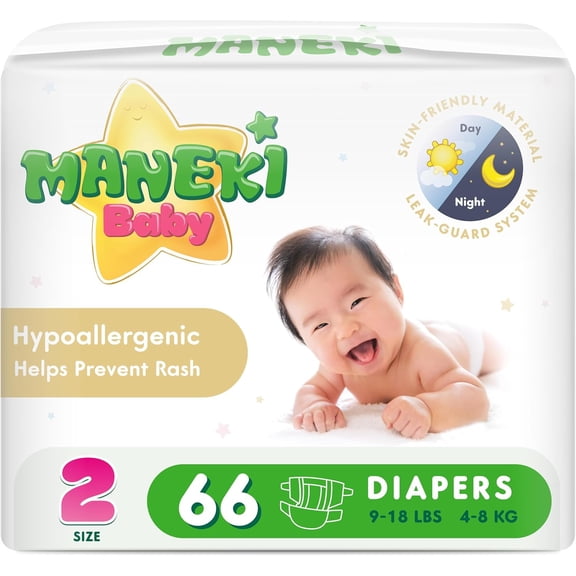 MANEKI Baby Disposable Baby Diapers Size 2 (9-18 lbs) 66 Count, Up to 12-Hour of Comfort, Leak Protection, Super Absorbent, Hypoallergenic (Select for More)