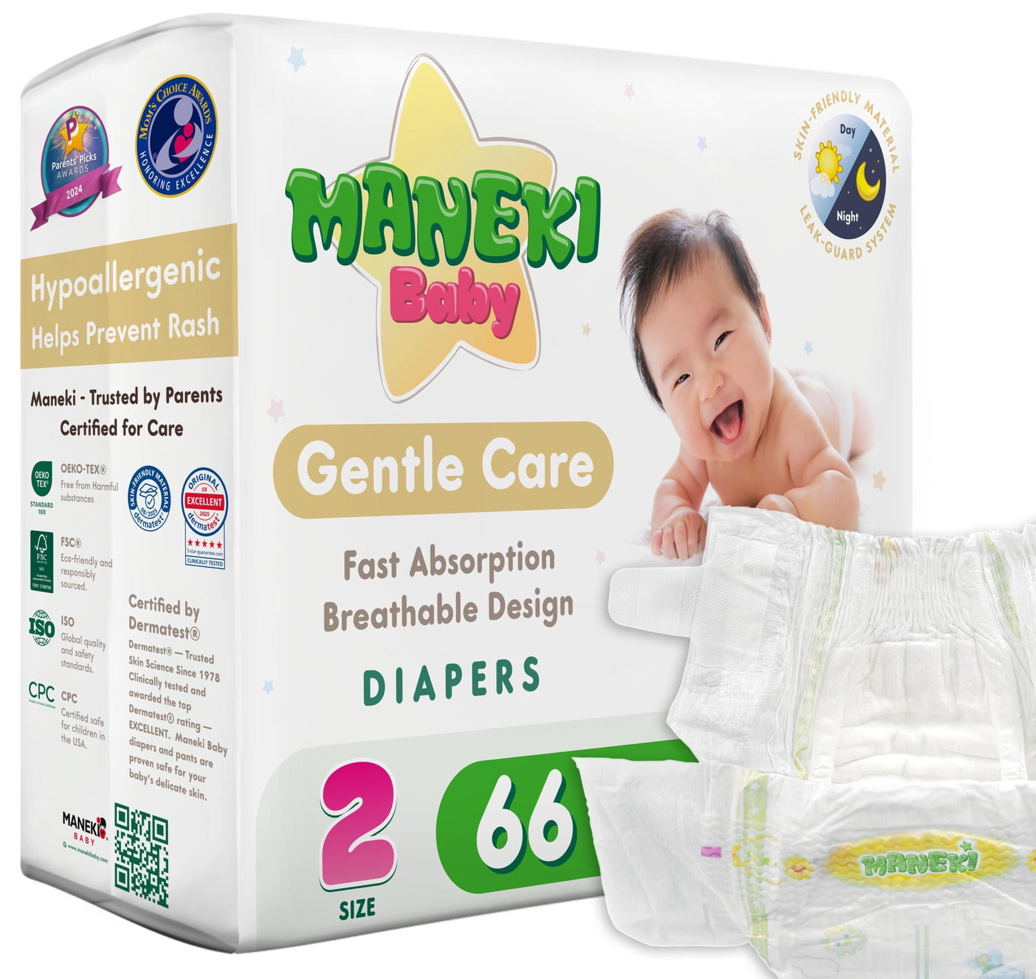 MANEKI Baby Disposable Baby Diapers Size 2 (9-18 lbs) 66 Count, Up to 12-Hour of Comfort, Leak Protection, Super Absorbent, Hypoallergenic (Select for More)