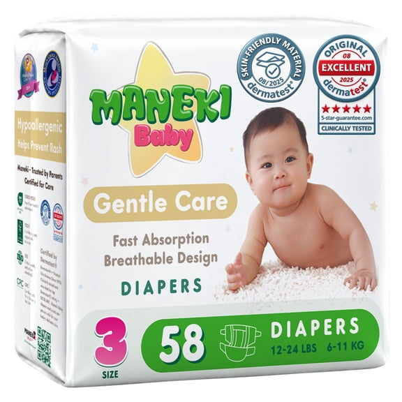 MANEKI Baby Disposable Baby Diapers Size 3 (12-24 lbs) 58 Count, Up to 12-Hour of Comfort, Leak Protection, Super Absorbent, Hypoallergenic (Select for More)