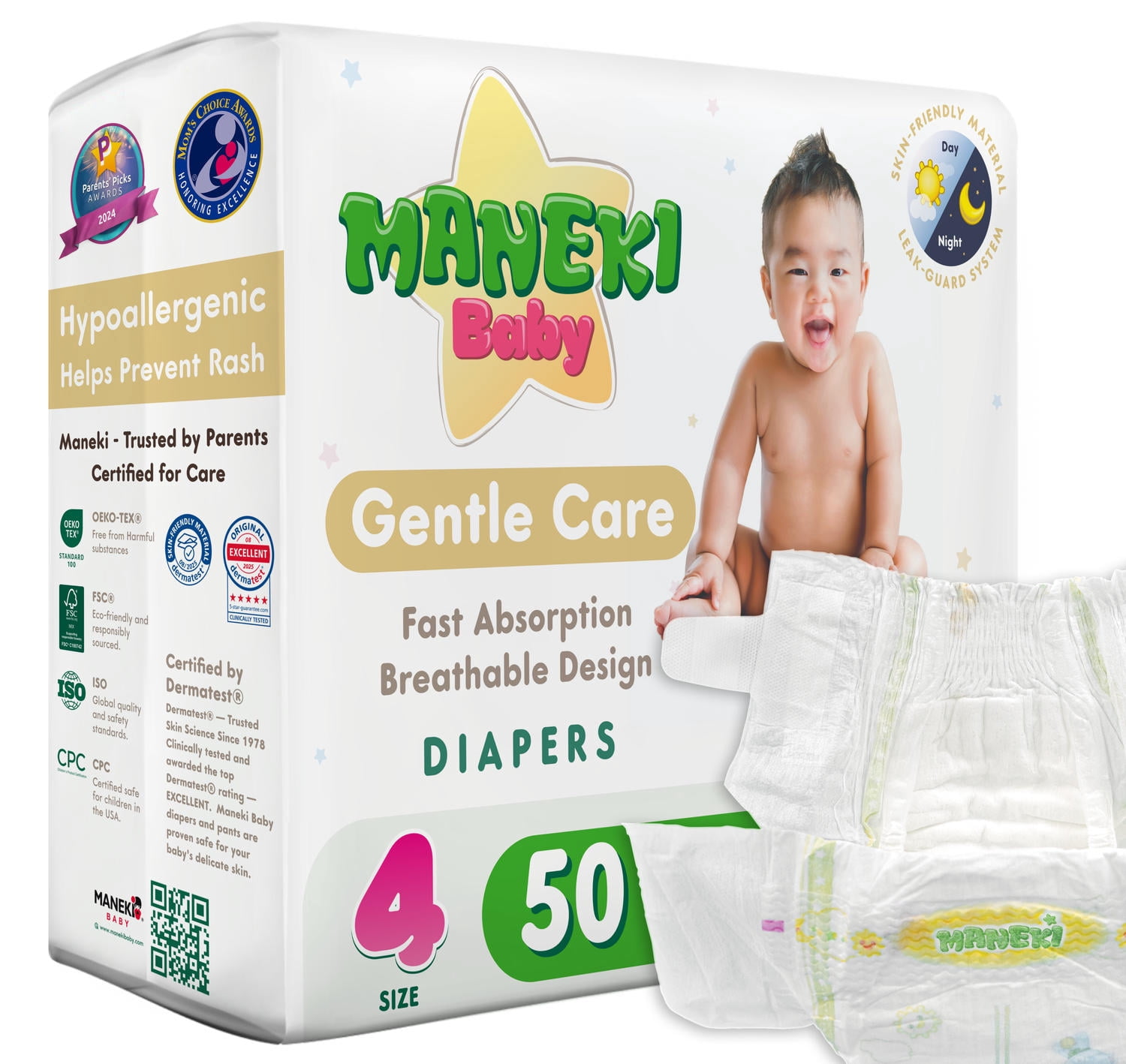 MANEKI Baby Disposable Baby Diapers Size 4 (20-31 lbs) 50 Count, Up to 12-Hour of Comfort, Leak Protection, Super Absorbent, Hypoallergenic (Select for More)