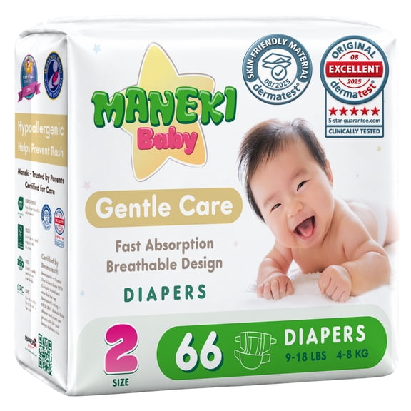 MANEKI Baby Disposable Baby Diapers Size 2 (9-18 lbs) 66 Count, Up to 12-Hour of Comfort, Leak Protection, Super Absorbent, Hypoallergenic (Select for More)