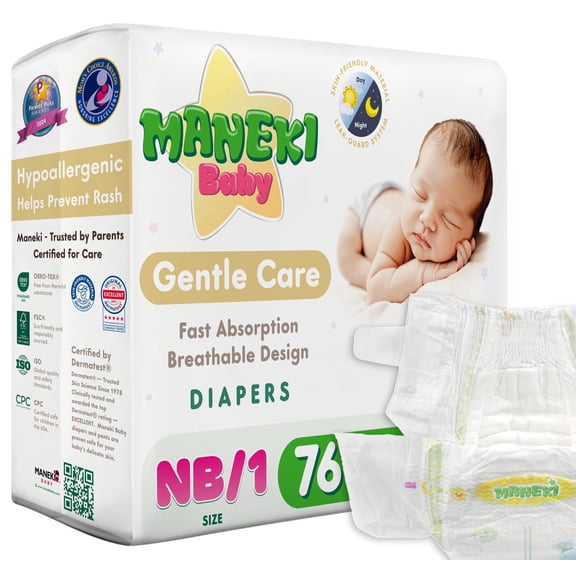 MANEKI Baby Disposable Baby Diapers Size Newborn (up to 11 lbs) 76 Count, Up to 12-Hour of Comfort, Leak Protection, Super Absorbent, Hypoallergenic (Select for More)