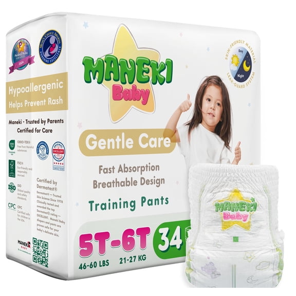 MANEKI Baby Disposable Pull Ups 5T-6T Diaper Pants Size 7 (46-60 lbs) 34 Count, Up to 12-Hour Nighttime Pull Ups Protection, Leak-Proof Training Pants, Super Absorbent, Hypoallergenic
