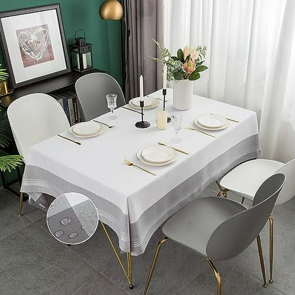 MANGATA CASA Tablecloths for Rectangle Tables-White Polyester Waterproof Washable with Border Table Covers -Summer Kitchen & Table Linens for Dining,Outdoor & Picnic(Grey/White 60x70in)