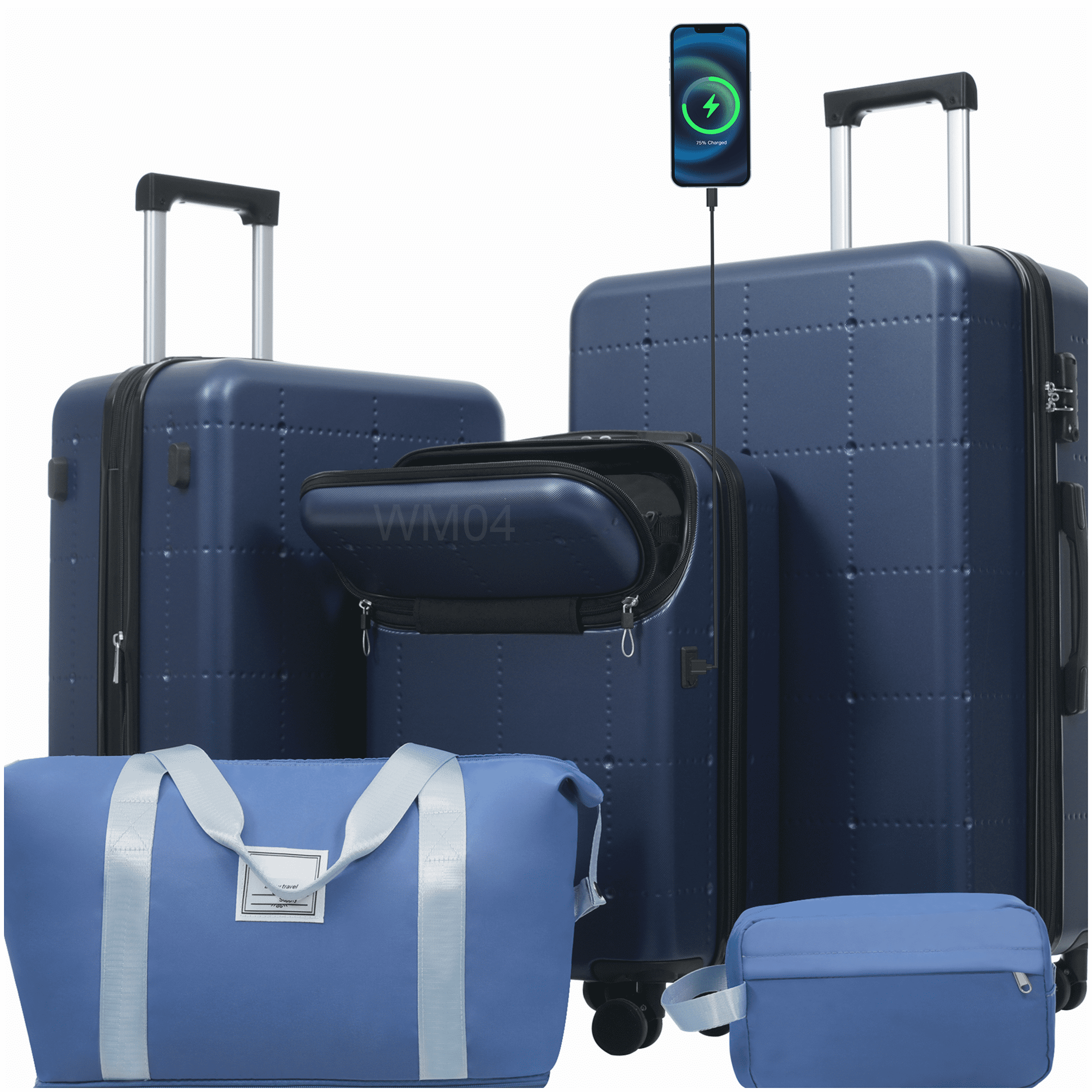MANGIJOY 20 24 28 Inch Hardside Luggage Set 5 Pcs, ABS Carry On with USB Port, Expandable Spinner Suitcase TSA Lock, Blue Travel Luggage
