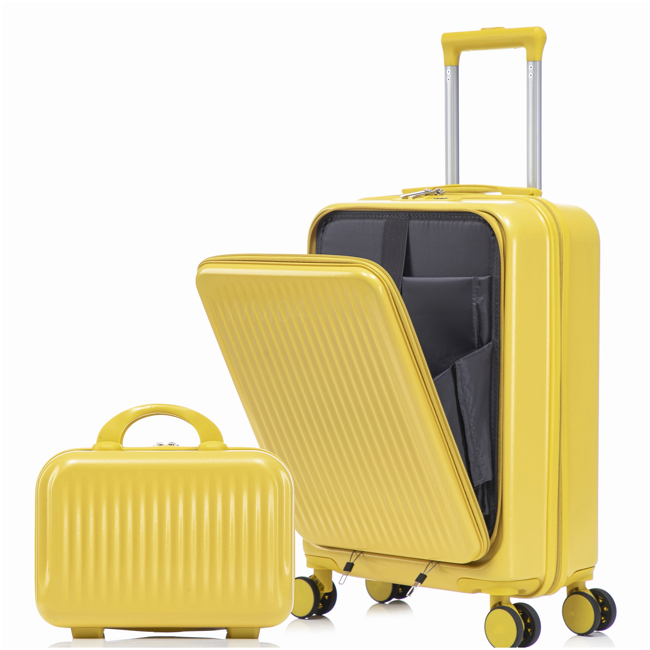 MANGIJOY 20 Inch Carry On Suitcase with Front Pocket &; 14 Inch Makeup Case - Yellow Hardcase Spinner Luggage Set, ABS Material
