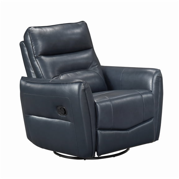 MANGIJOY 360-Degree Swivel Recliner Chair with Glide Function, Dark Blue Genuine Leather, Solid Wood Frame