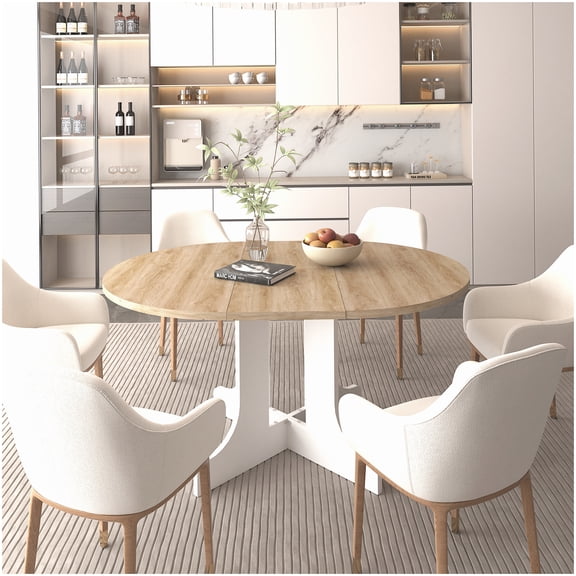 MANGIJOY 59x43 Inch White Oak Expandable Oval Dining Table, X-Shaped Base Farmhouse Kitchen Table with Removable Leaf