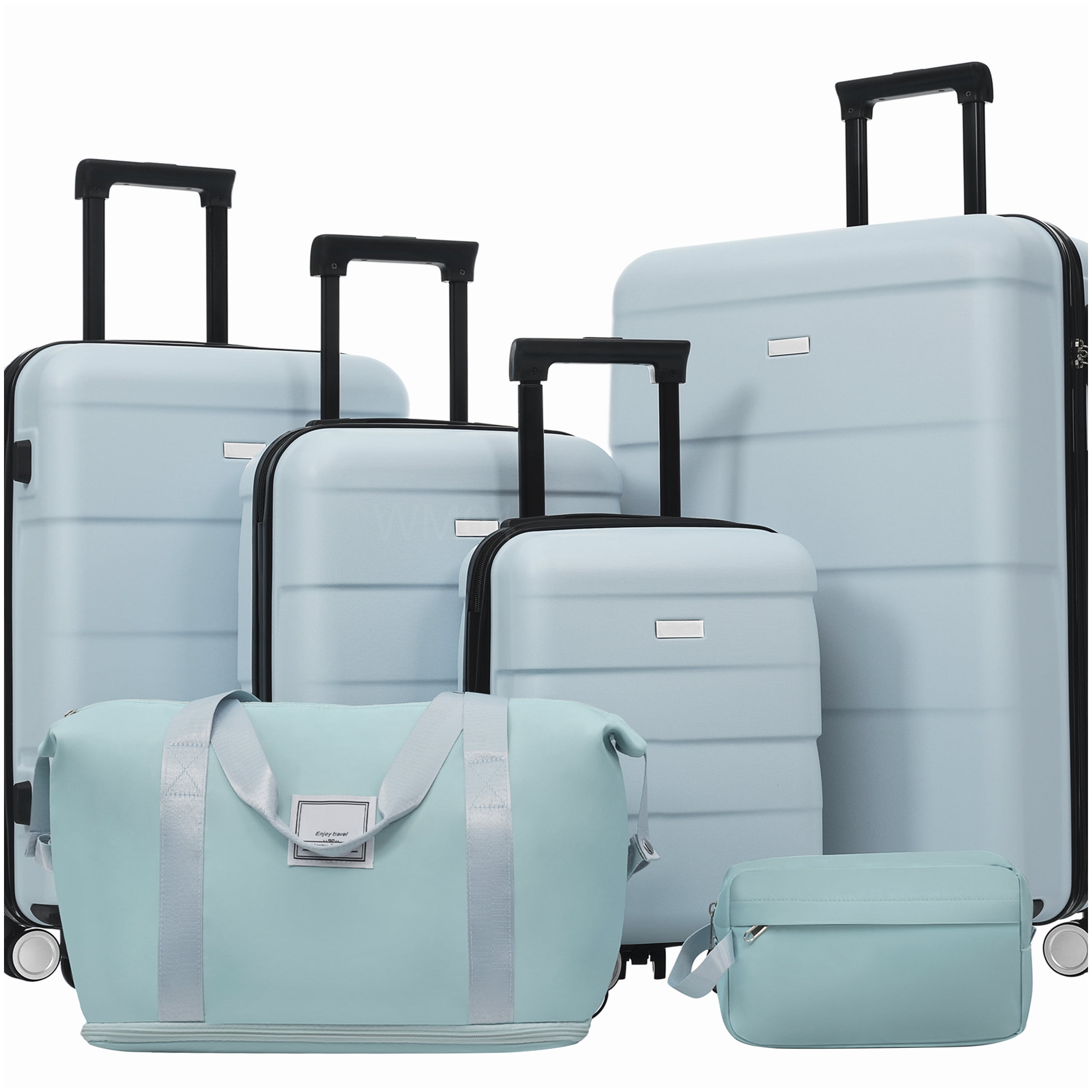 MANGIJOY 6-Pc Lightweight Hardside Luggage Set with 360° Wheels, ABS Carry-On &; Checked Suitcases in Light Blue