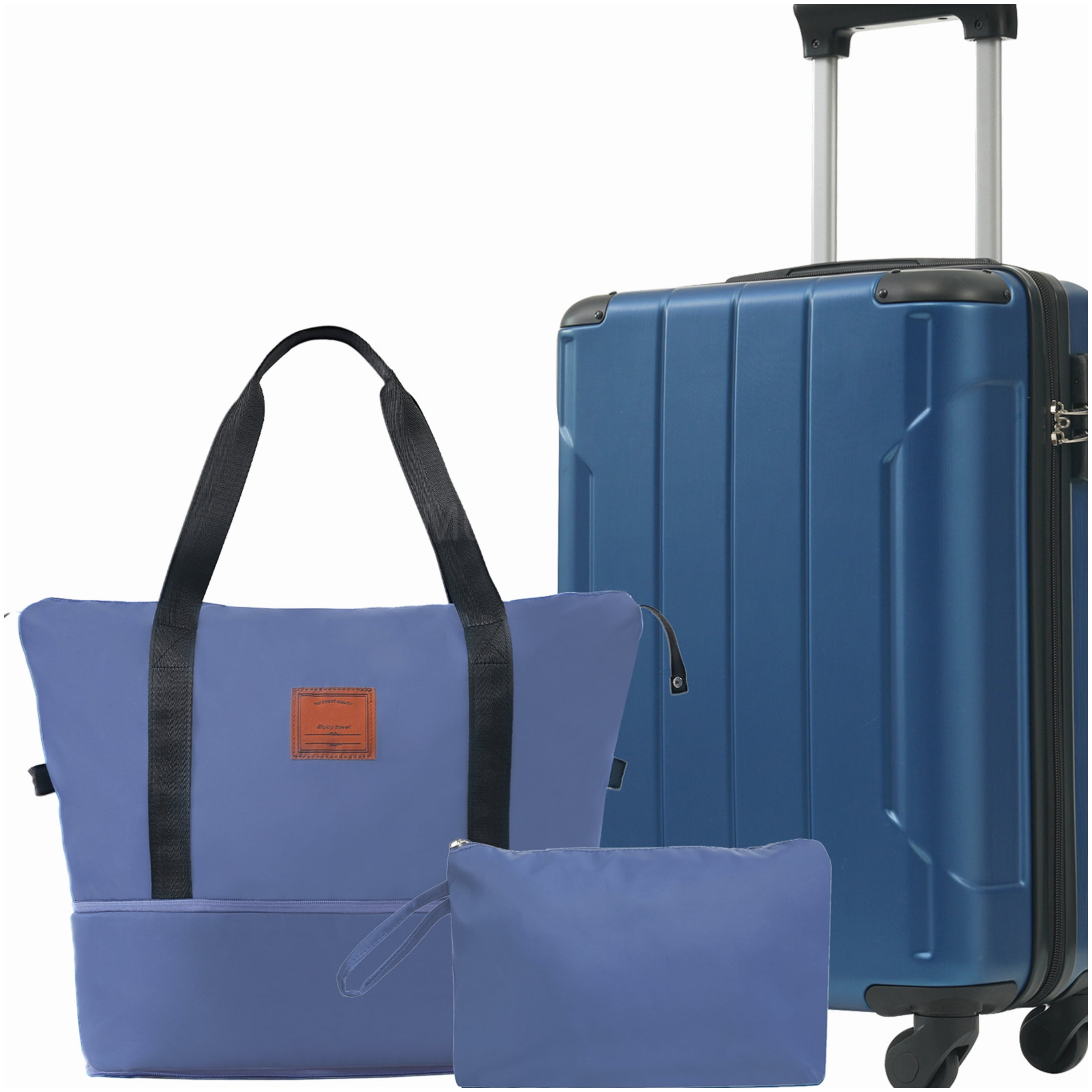 MANGIJOY ABS Hardshell 20 Inch Carry On Luggage 3 Piece Set, Blue Spinner Wheel Suitcase with Expandable Duffel &; Toiletry Bag