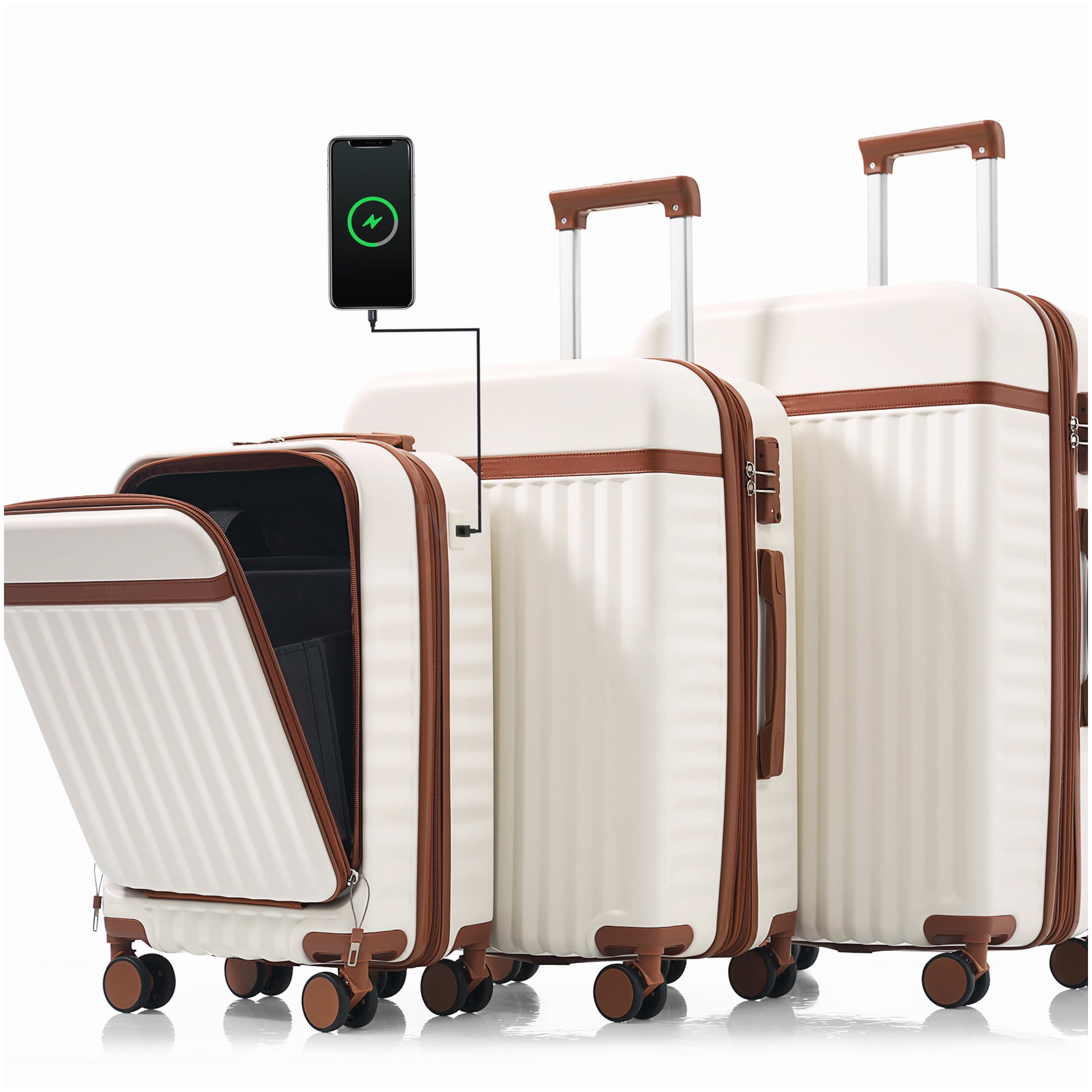 MANGIJOY Airline Approved Carry-On Luggage Set of 3 with USB Charger | ABS Hardside, Spinner Wheels, White