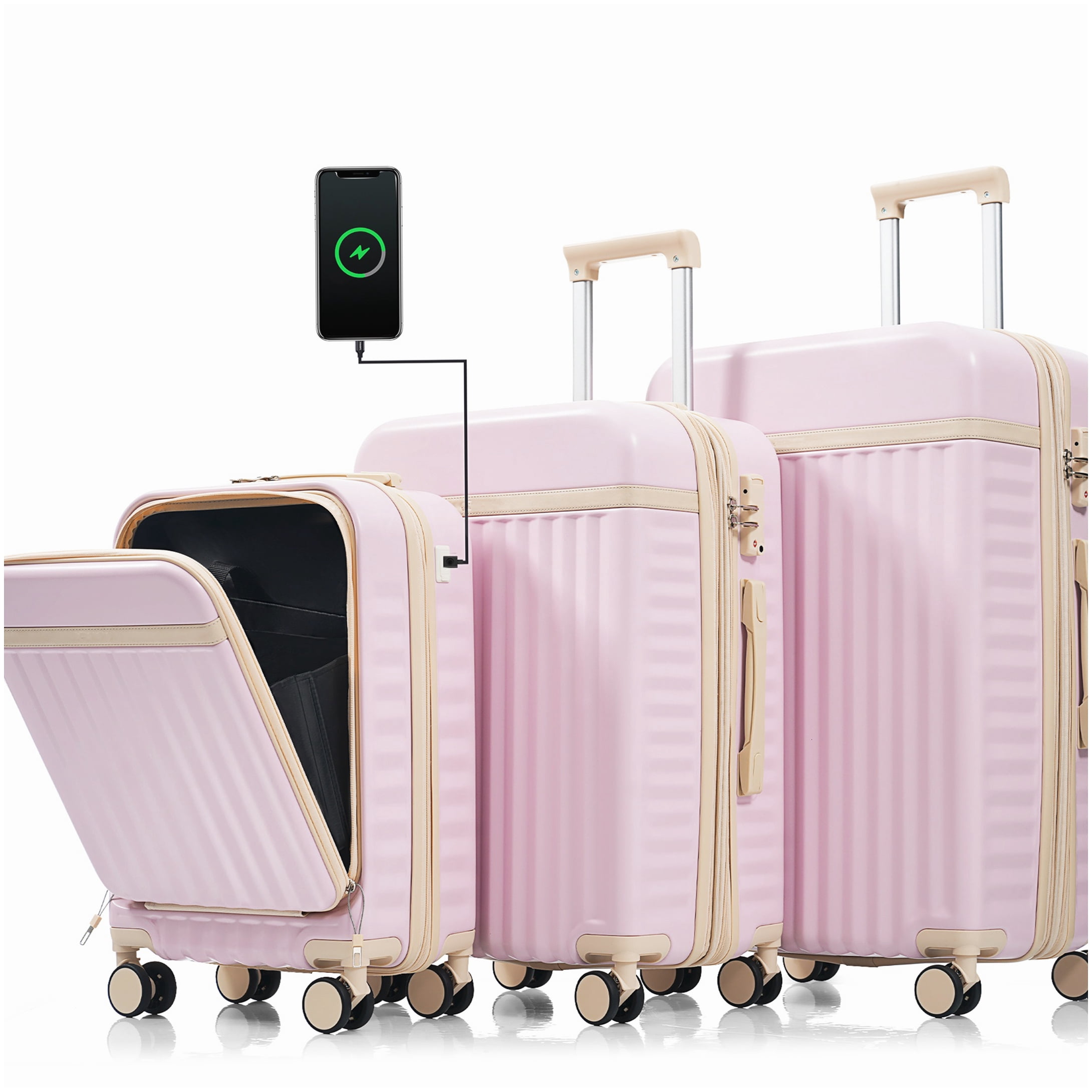 MANGIJOY Airline Approved Carry-On Luggage Set with USB Port, Front Opening Design, Light Pink ABS Hardshell &; 360 Spinner Wheels, 3-Piece