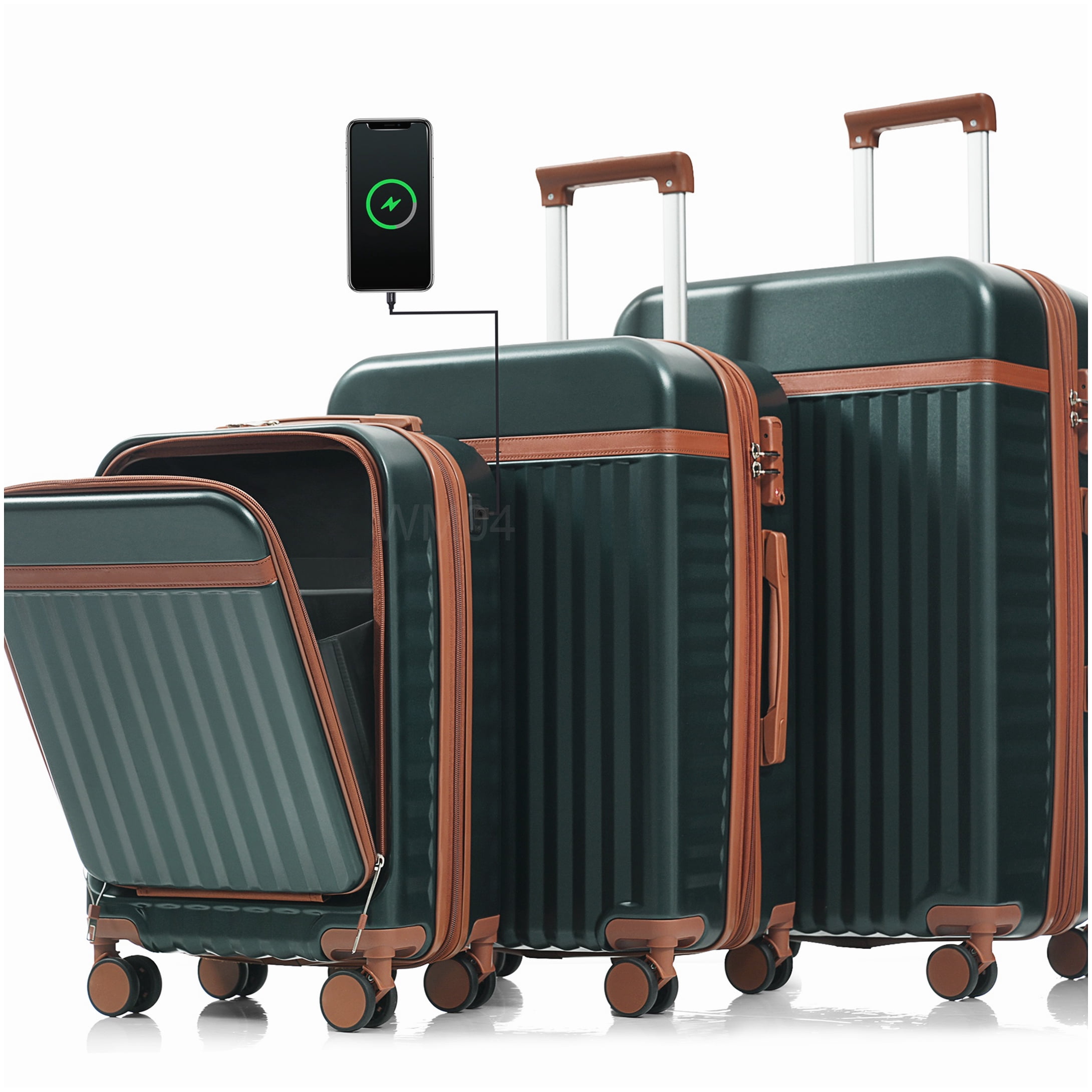 MANGIJOY Airline Approved Carry-On Luggage with USB Port - 3 Piece Hardshell Spinner Set in Dark Green, Front Opening, ABS Material, TSA Lock