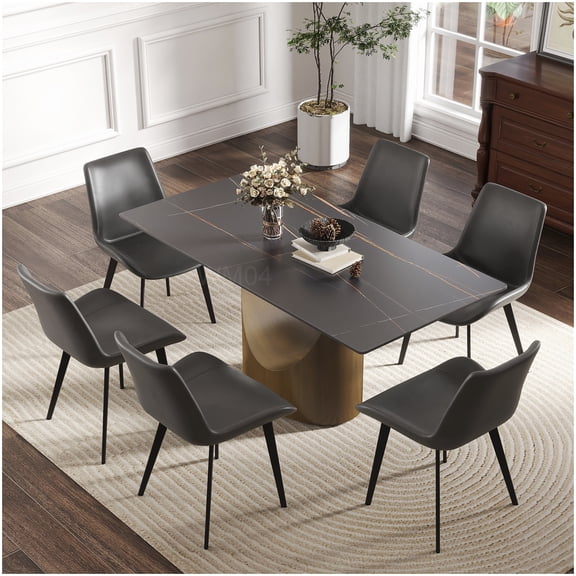 MANGIJOY Antique Brass and Black Sintered Stone Dining Table, 63 Inch Rectangular Table with Iron Metal Base
