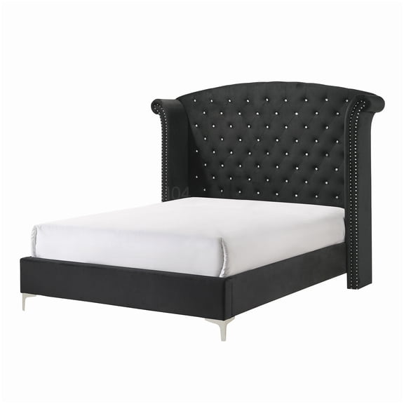 MANGIJOY Black Upholstered Queen Bed, Platform Frame with Diamond Tufted Headboard and Nailhead Trim