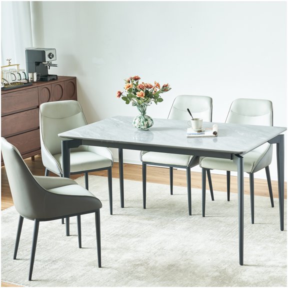 MANGIJOY Black and Gray Sintered Stone Dining Table, Rock Texture Top with Metal Legs for Family