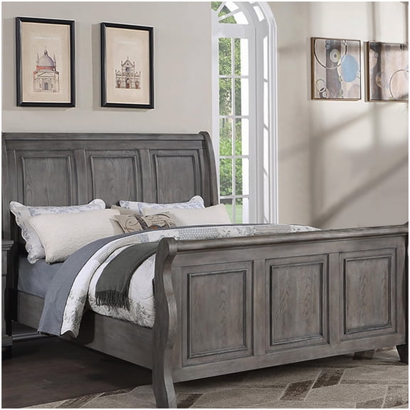 MANGIJOY California King Bed Frame with Upholstered Headboard, Wood Panel Footboard in Antique Gray