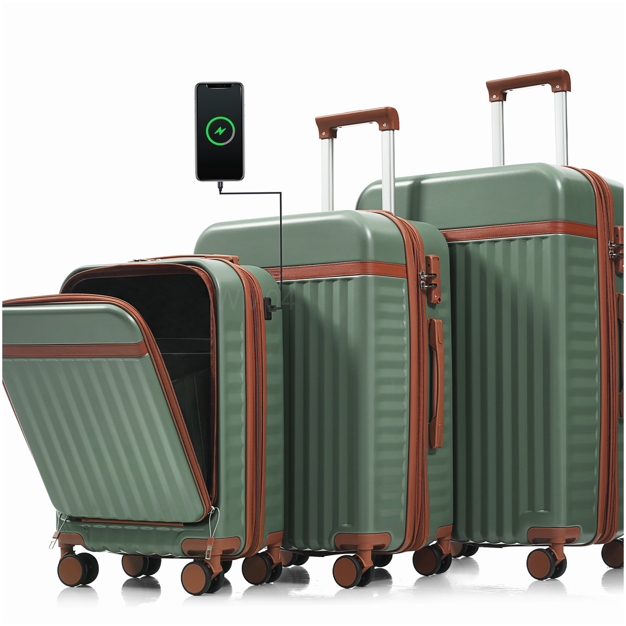 MANGIJOY Carry On Luggage with USB Port and Front Pocket, ABS 3-Piece Hardside Spinner Suitcase Set in Green for Men &; Women