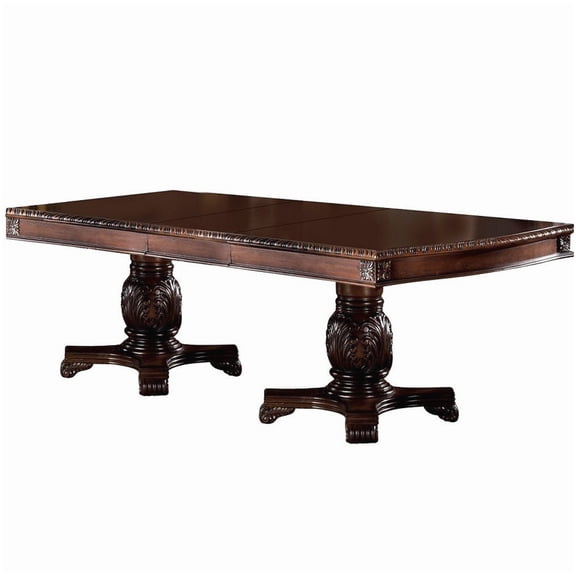 MANGIJOY Cherry Finish De Ville Dining Table with 2 Leaves, Queen Anne Legs and Double Pedestal
