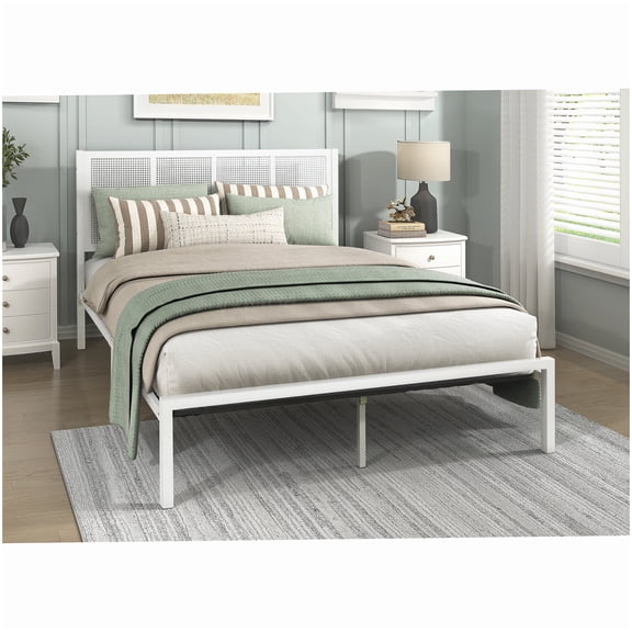 MANGIJOY Coastal Style Queen Bed Frame, White Metal Platform with Storage, Woven Cane Headboard, Easy to Assemble, Single Box Delivery