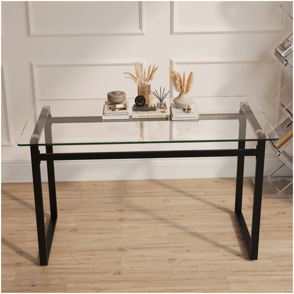 MANGIJOY Contemporary 51 Inch Tempered Glass Dining Table, Rectangular Minimalist Design with Black Chrome Base, for Kitchen and Living Room
