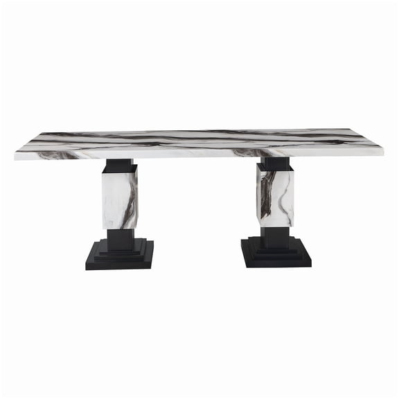 MANGIJOY Contemporary Faux Marble Dining Table, Zebra Print Rubber Wood Table with Pedestal Base
