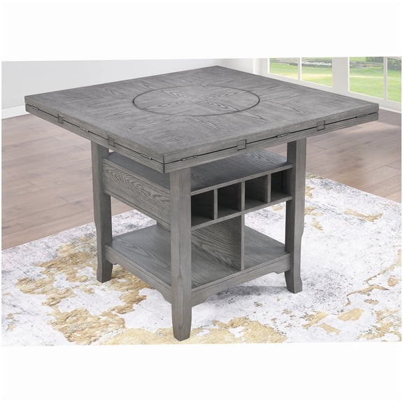 MANGIJOY Counter Height Dining Table with Lazy Susan, Gray Convertible Round to Square Table with Storage Shelf