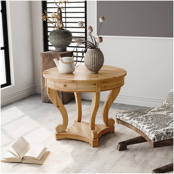 MANGIJOY Curved Leg Round Coffee Table with Drawers, Farmhouse Style Side Table in Natural Wood for Living Space