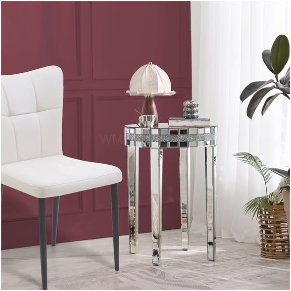 MANGIJOY Diamond-Cut Mirror Accent Table with Tempered Glass Top, Silver Compact Pedestal Table for Home Office