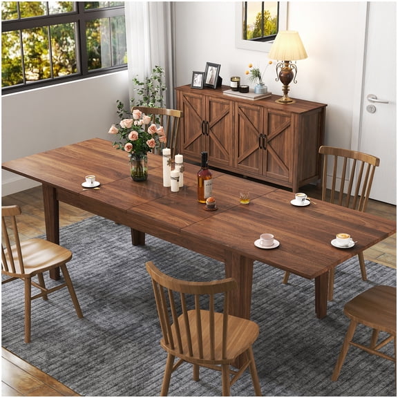 Expandable Walnut Wood Grain Dining Table, Large Kitchen Table with Retractable Leaf