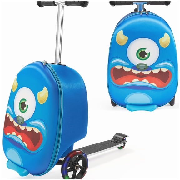 MANGIJOY Flashing Wheel Scooter Luggage, 20 Inch Blue Carry-On Suitcase with Removable Pull Strap and Footrest