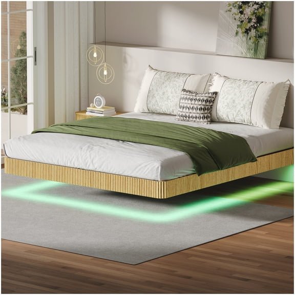MANGIJOY Floating King Platform Bed with Music Sync LED, Wave Headboard, Heavy Duty Frame