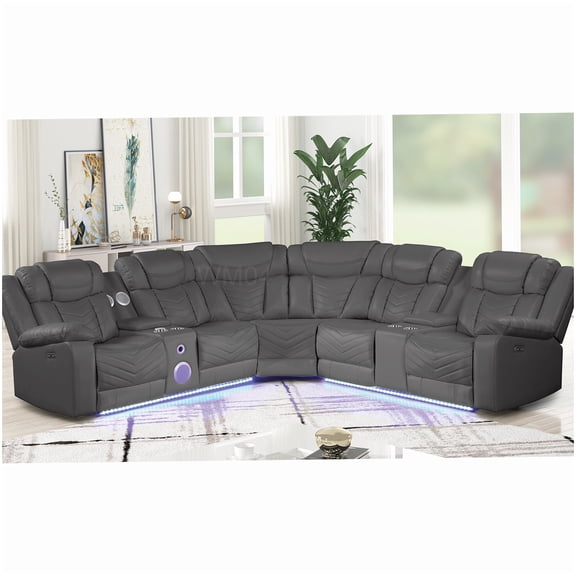 MANGIJOY Gray Modern Sectional Sofa with Power Recliners, USB-C Ports & Bluetooth Audio