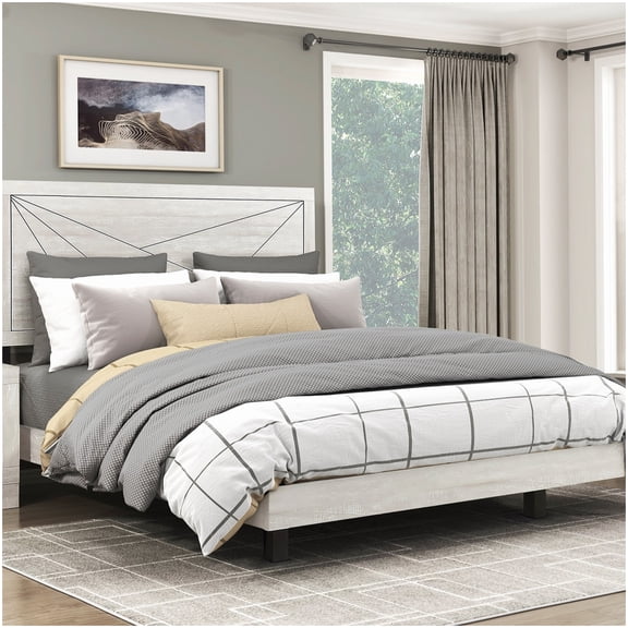 MANGIJOY Gray Oak Platform King Bed Frame with Line Design Headboard, Complete Master Bedroom Set