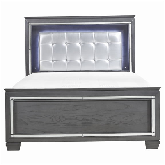 MANGIJOY Gray Tufted Queen Platform Bed with LED Headboard and Mirrors, No Box Spring Needed Upholstered Bed Frame