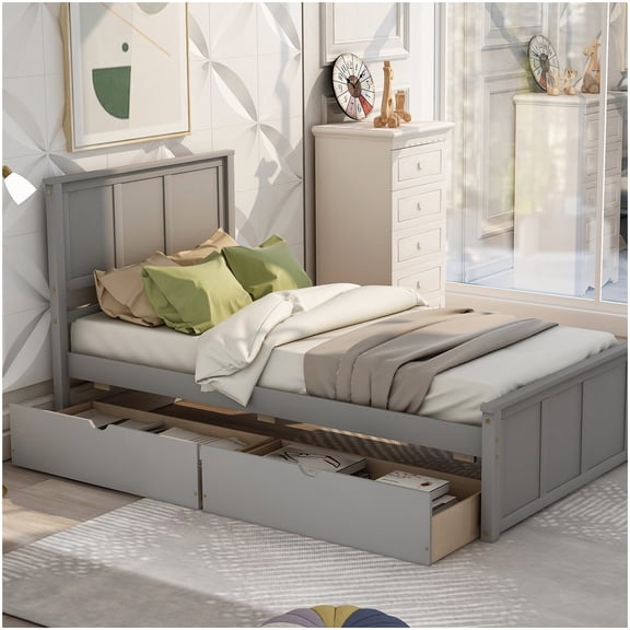 MANGIJOY Gray Twin Platform Bed with 2 Roll-Out Drawers, Low Profile Wood Frame