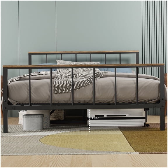 MANGIJOY Heavy Duty Full Platform Bed Frame with Storage, Noise Free Metal Structure, Wave Headboard, Easy Lock Assembly