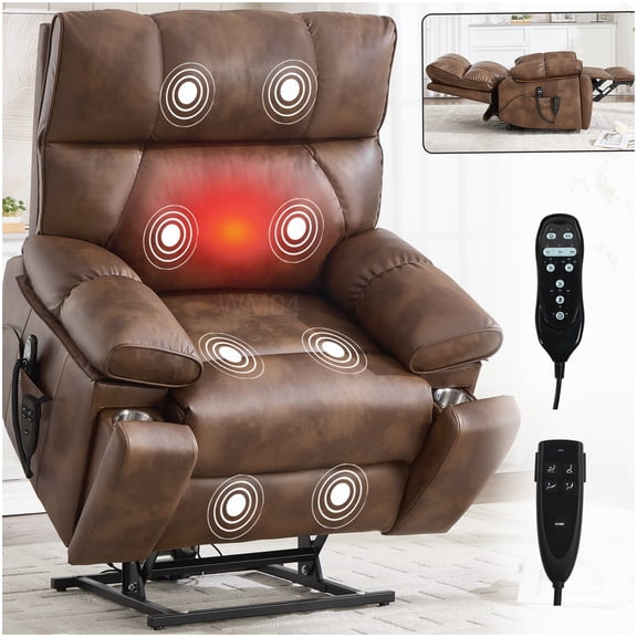 MANGIJOY Infinite Position Power Lift Recliner with Massage and Heat, Remote Control, Brown Faux Leather, 350lbs Capacity