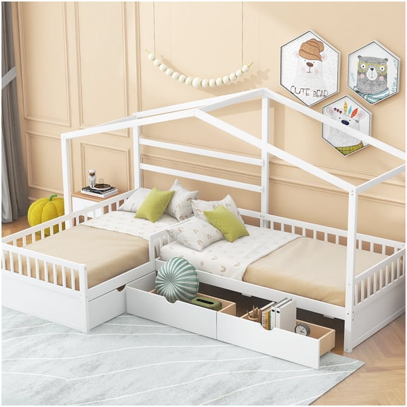 MANGIJOY L-Shape Platform Bed with Drawers, Twin House Frame, No Box Spring Required