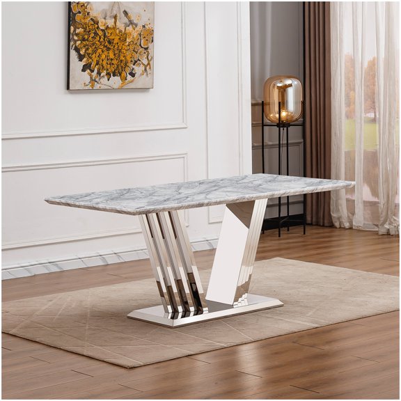 MANGIJOY Large 70" Rectangular Faux Marble Table with Chrome Base, Gray Silver Dining Table for 6 Persons