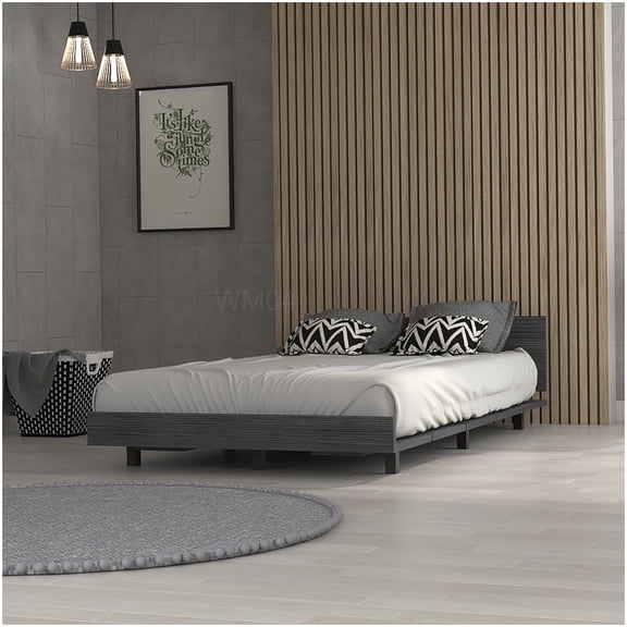 MANGIJOY Low Profile Twin Bed Frame with Headboard, Smokey Oak Platform Bed for Small Spaces, Easy Assembly